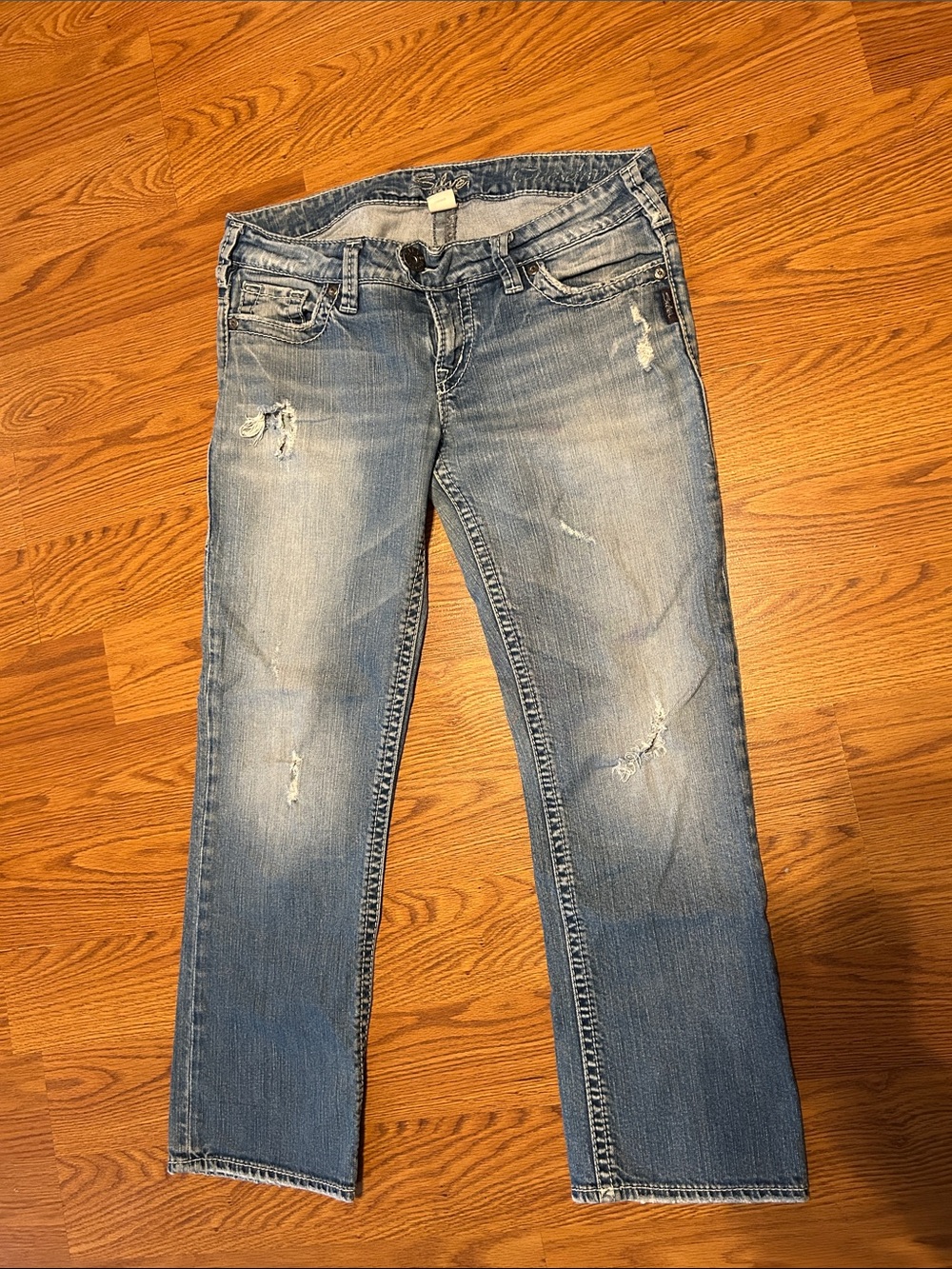 Silver Jeans Light Wash Straight Leg Distressed Denim